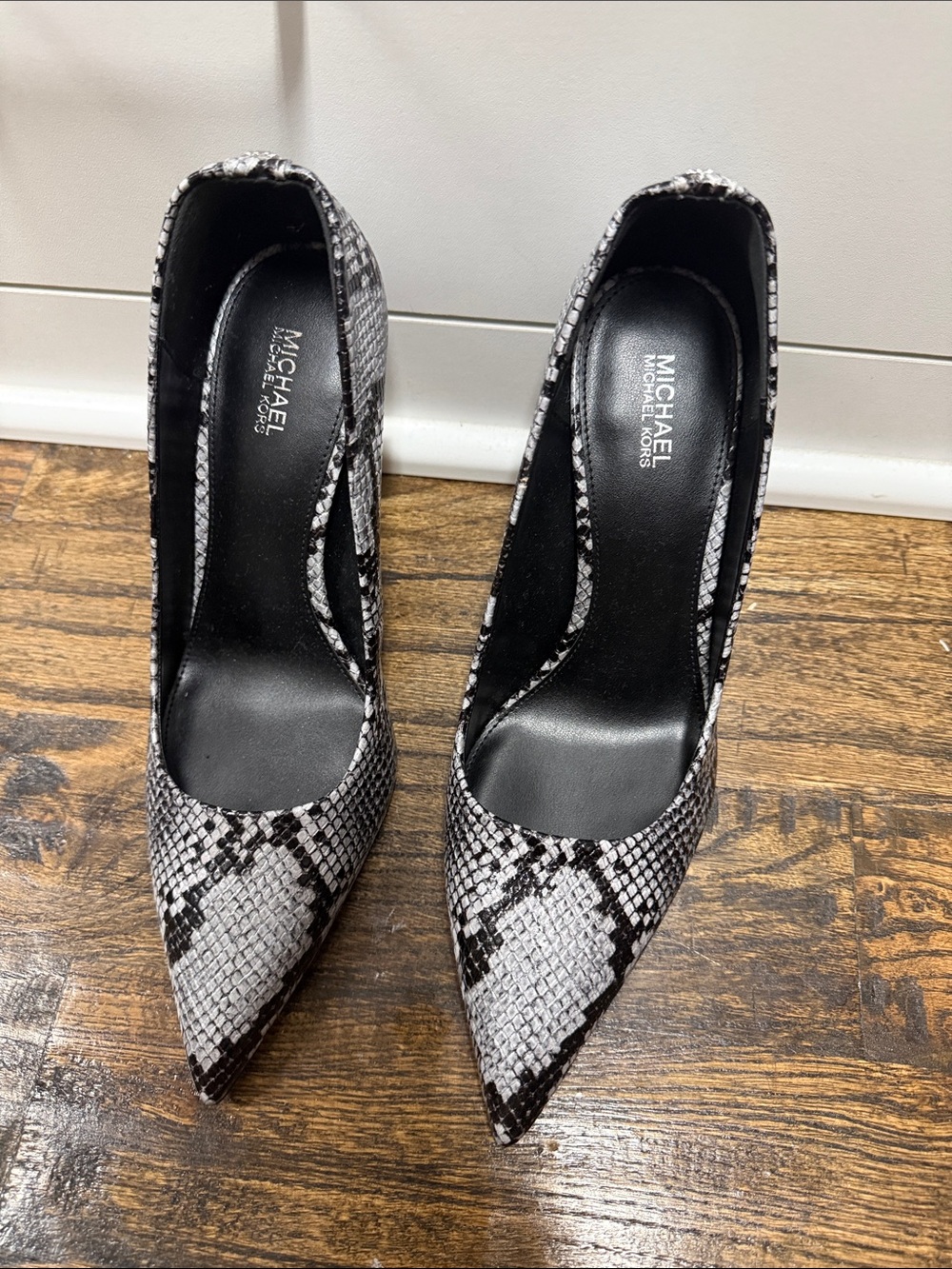 Michael Kors Black & White Snake-Print Pointed Toe Pumps